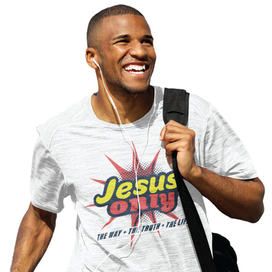 Jesus Only. THE WAY • THE TRUTH • THE LIFE. White unisex tee blue yellow red design.